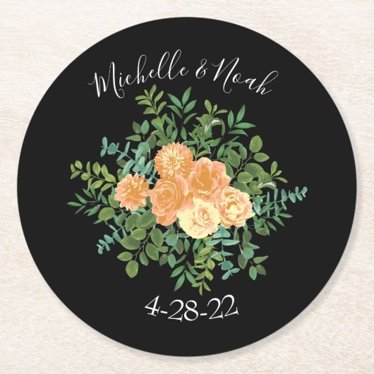 Black & Peach Wedding Modernes Floral Runder Pappuntersetzer (Vorderseite)