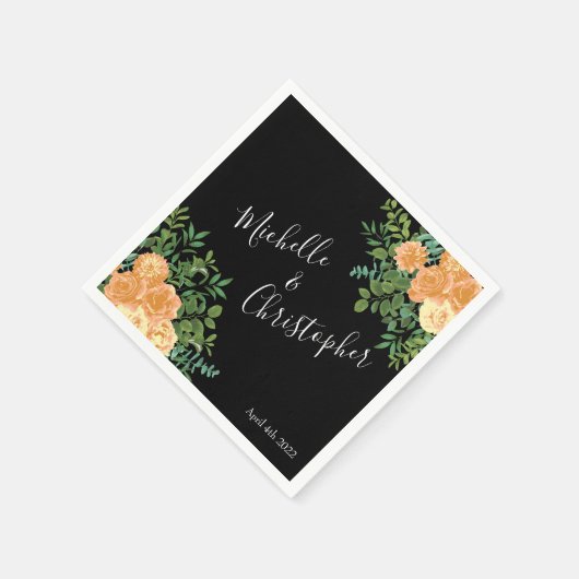 Black & Peach Wedding Modernes Floral Serviette (Ecke)