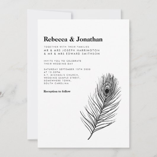 Black Peacock Feather Modern Wedding Einladung (Vorderseite)