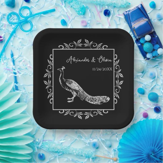 Black Peacock Geblüht Polterabend Paper Teller (Party)