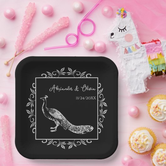 Black Peacock Geblüht Polterabend Paper Teller (Party)