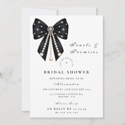 Black Pearl Bow Bridal Shower Einladung (Vorderseite)