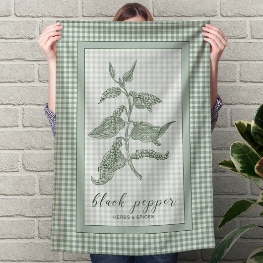 Black Pepper Herb - Green Gingham Border Geschirrtuch