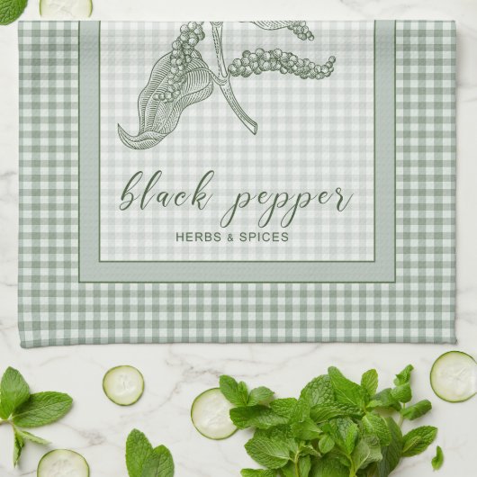 Black Pepper Herb - Green Gingham Border Geschirrtuch (Gefaltet)