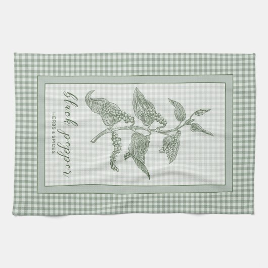 Black Pepper Herb - Green Gingham Border Geschirrtuch (Horizontal)