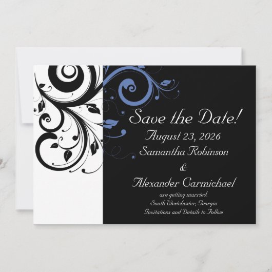 Black Periwinkle Cornflower Blue Floral Wedding Save The Date (Vorderseite)
