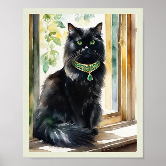 Black Persian Cat Watercolor Gold Emerald Collar Poster (Vorne)