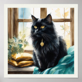 Black Persian Cat Watercolor Goldenes Licht Poster