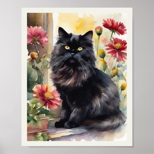 Black Persian Cat Watercolor Red Asters Poster (Vorne)