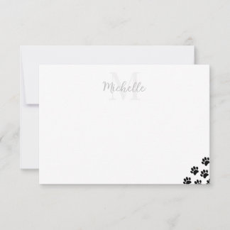 Black Pet Paw Prints Custom Monogram Simple  Mitteilungskarte