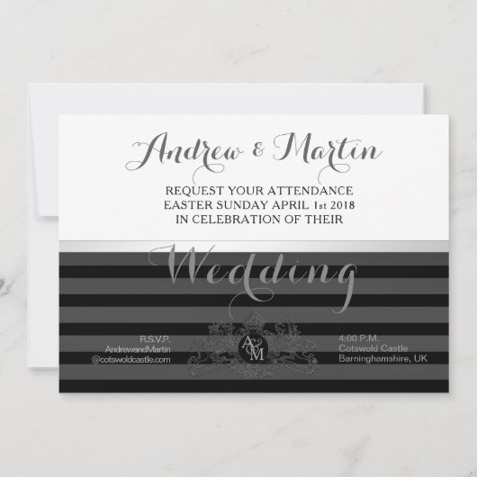 Black Pewter White Lion Einicorn Emblem Hochzeit Einladung (Rückseite)