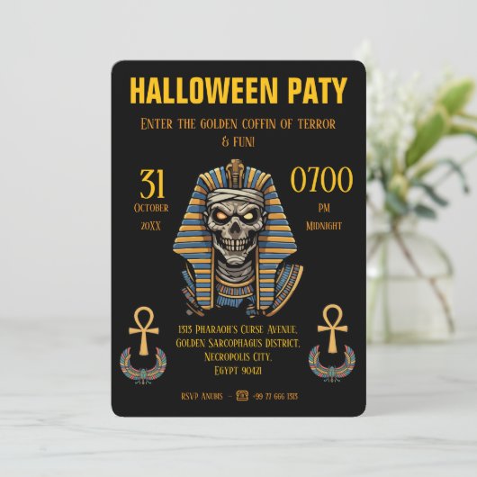 🖤 Black Pharaoh Mummy Einladung 🎃 ✉️ (Stehend Vorderseite)