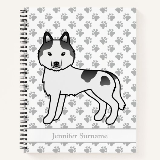 Black Piebald Siberian Husky Cartoon Dog & Text Notizblock (Vorderseite)