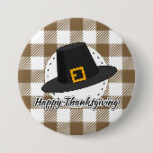Black Pilgrim Hat auf Brown Kariert - Erntedank Button (Vorderseite)