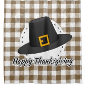 Black Pilgrim Hat auf Brown Kariert - Erntedank Duschvorhang (Vorderseite)