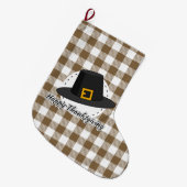 Black Pilgrim Hat auf Brown Kariert - Erntedank Großer Weihnachtsstrumpf (Vorderansicht (hängend))