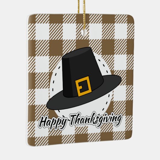 Black Pilgrim Hat auf Brown Kariert - Erntedank Keramikornament (Rechts)