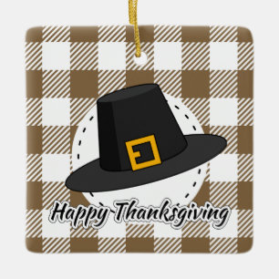 Black Pilgrim Hat auf Brown Kariert - Erntedank Keramikornament