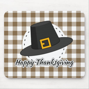 Black Pilgrim Hat auf Brown Kariert - Erntedank Mousepad