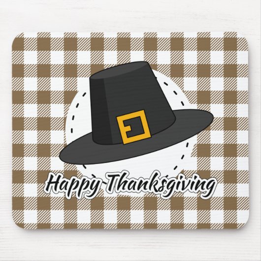 Black Pilgrim Hat auf Brown Kariert - Erntedank Mousepad (Vorne)