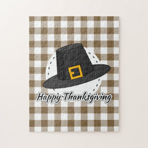Black Pilgrim Hat auf Brown Kariert - Erntedank Puzzle