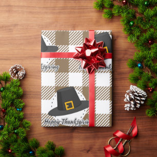 Black Pilgrim Hat on Brown Plaid - Thanksgiving Geschenkpapier