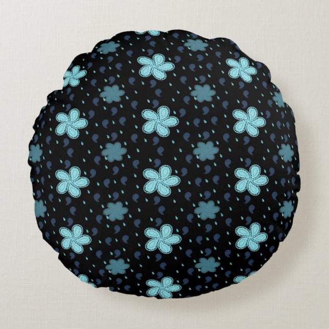 Black Pillow with Blue Paisley Floral Print Rundes Kissen (Vorderseite)