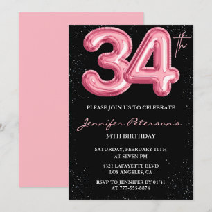 Black Pink 34. Geburtstagseinladungen Ballon Glamo Einladung