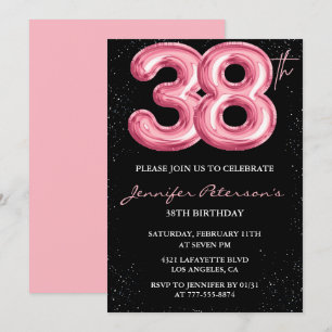 Black Pink 38. Geburtstagseinladungen Balloon Glam Einladung