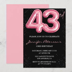 Black Pink 43. Geburtstagseinladungen Balloon Glam Einladung
