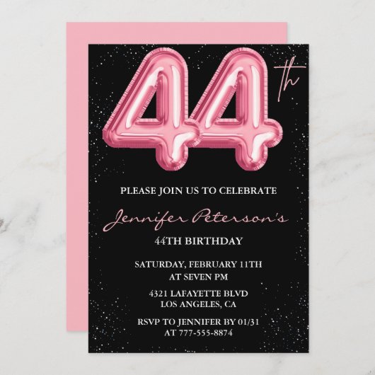 Black Pink 44. Geburtstag Einladungen Balloon Glam (Vorne/Hinten)