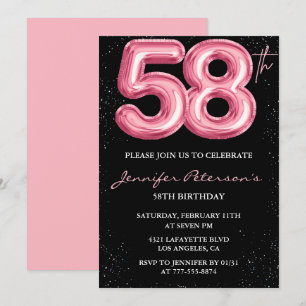 Black Pink 58. Geburtstag Einladungen Balloon Glam