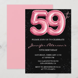 Black Pink 59. Geburtstag Einladungen Balloon Glam