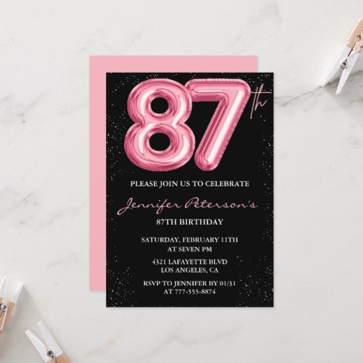 Black Pink 87. Geburtstag Einladungen Balloon Glam (Vorderseite/Rückseite Beispiel)