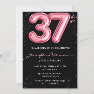 Black Pink Balloon Glam Glitzer 37. Geburtstag Einladung