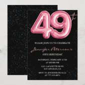 Black Pink Balloon Glam Glitzer 49. Geburtstag Einladung (Vorne/Hinten)