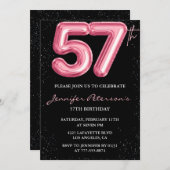Black Pink Balloon Glam Glitzer 57. Geburtstag Einladung (Vorne/Hinten)