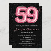 Black Pink Balloon Glam Glitzer 59. Geburtstag Einladung (Vorne/Hinten)