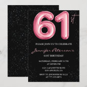 Black Pink Balloon Glam Glitzer 61. Geburtstag Einladung (Vorne/Hinten)