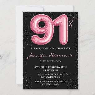 Black Pink Balloon Glam Glitzer 91. Geburtstag Einladung
