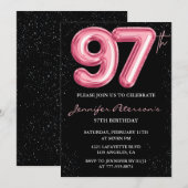 Black Pink Balloon Glam Glitzer 97. Geburtstag Einladung (Vorne/Hinten)