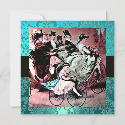 BLACK PINK BLUE BICYCLE WEDD DAMASK MONOGRAM EINLADUNG (Vorderseite)