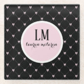 Black & Pink Bow Monogram Glasuntersetzer (Vorderseite)