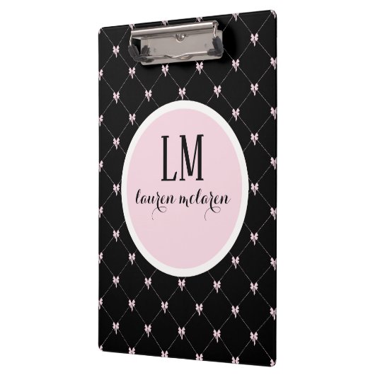 Black & Pink Bow Monogram Klemmbrett (Links)