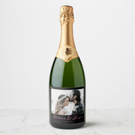 Black Pink Calligraphy Photo Wedding Party Bottle Schaumweinetikett