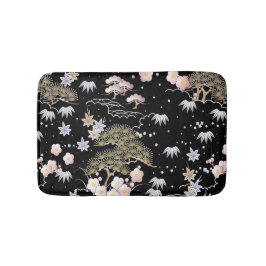 Black Pink Cherry Blossom Elegantes Blumenmuster Badematte