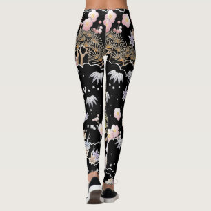 Black Pink Cherry Blossom Elegantes Blumenmuster Leggings