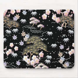 Black Pink Cherry Blossom Elegantes Blumenmuster Mousepad