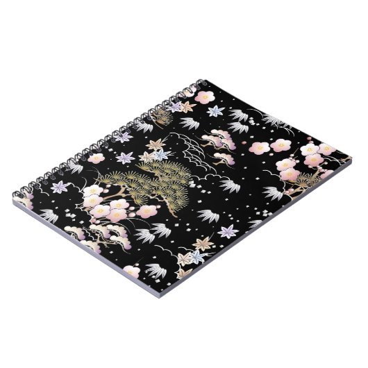 Black Pink Cherry Blossom Elegantes Blumenmuster Notizblock (Linke Seite)