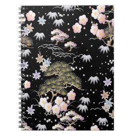 Black Pink Cherry Blossom Elegantes Blumenmuster Notizblock